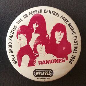 RAMONES Pinback Button Tour 1980 WPLJ Dr Pepper Central Park Concert PUNK Vtg